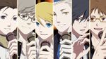  black_hair blonde_hair blue_eyes blue_hair brown_eyes brown_hair dahi glasses grey_eyes grey_hair hanamura_yousuke hat kuma_(persona_4) microphone mochizuki_ryouji multiple_boys narukami_yuu necktie parody persona persona_3 persona_3_portable persona_4 school_uniform short_hair teodor uta_no_prince-sama yuuki_makoto 