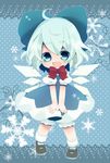  ahoge blue_dress blue_eyes blue_hair bow chibi cirno dress fang hair_bow haru_(citron_citron) highres open_mouth smile snowflakes solo touhou v_arms wings 