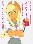  applejack big_macintosh blonde_hair blush brother_and_sister can't_be_this_cute cowboy_hat crossed_arms english freckles frown furry green_eyes hat highres horse long_hair low-tied_long_hair mihaaaa my_little_pony my_little_pony_friendship_is_magic necktie ore_no_imouto_ga_konna_ni_kawaii_wake_ga_nai parody personification pleated_skirt ponytail school_uniform serafuku siblings skirt sweatdrop western 