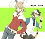  animal_ears bad_id bad_pixiv_id barnaby_brooks_jr belt blonde_hair blue_eyes brown_eyes brown_hair bunny_ears cabbie_hat facial_hair glasses hands_on_hips hat jacket jewelry kaburagi_t_kotetsu male_focus multiple_boys necklace necktie red_jacket stubble studded_belt tail tiger_&amp;_bunny tiger_ears tiger_tail vest waistcoat watch wristwatch yuzumame 