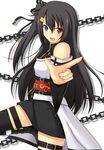  bare_shoulders black_hair black_legwear blue_eyes blush chain fang hair_ornament hairclip heterochromia leg_lift long_hair looking_at_viewer minatsuki_nao one_side_up open_mouth original red_eyes skirt solo thigh_strap thighhighs 