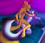  anal anal_penetration anthro bed blue_eyes blue_hair canine cum cum_inside dodedo fox gay green_eyes hair kato kissing long_hair looking_at_each_other male orange_hair pawpads penetration penis rahne tongue tongue_out 