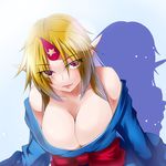  akimichi blonde_hair breasts cleavage horn hoshiguma_yuugi hoshiguma_yuugi_(promo) japanese_clothes kimono large_breasts leaning_forward long_hair off_shoulder pointy_ears red_eyes touhou 