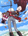  alice:_madness_returns alice_(wonderland) alternate_costume ass boots brown_hair card cloud day deviantart_sample falling_card foreshortening gloves green_eyes hands image_sample nakamura_tetsuya one_eye_closed pantyhose playing_card sky solo striped striped_legwear 