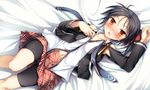  bare_shoulders bed_sheet bike_shorts black_hair blush bow cameltoe collarbone detached_sleeves hair_bow kusakami_akira lying navel necktie on_back original plaid plaid_skirt pleated_skirt short_hair side_ponytail skirt solo unbuttoned yellow_eyes 