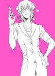  bad_id bad_pixiv_id barnaby_brooks_jr cosplay crossdressing elle_driver elle_driver_(cosplay) eyepatch hat heart jewelry kill_bill licking_lips male_focus necklace nurse nurse_cap parody simple_background solo syringe tiger_&amp;_bunny tongue tongue_out ymsr 