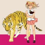  blonde_hair crossdressing eden_no_ori green_eyes isurugi_miina ribbon skirt smile tiger trap twintails 