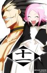  1girl badge black_hair bleach closed_eyes eyepatch fukutaichou_badge haori japanese_clothes kei-suwabe kusajishi_yachiru pink_hair scar spiked_hair taichou_haori zaraki_kenpachi 