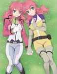  aqua_eyes belt bodysuit boots celestial_being_uniform cropped_jacket curly_hair dual_persona elbow_gloves feldt_grace field flower gloves grass grey_legwear gundam gundam_00 holding_hands lying multiple_girls pink_hair plum_(arch) short_twintails skin_tight smile thigh_boots thighhighs time_paradox twintails utility_belt yellow_bodysuit 