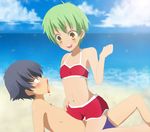  1girl bad_id bad_pixiv_id baka_to_test_to_shoukanjuu beach blood blush couple day flat_chest green_hair hetero ksg kudou_aiko navel nosebleed short_hair straddling tsuchiya_kouta 