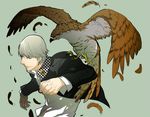  bird feathers gakuran grey_hair hg male_focus narukami_yuu parody persona persona_4 school_uniform smirk solo 