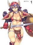  armor bikini_armor choker dragon_quest dragon_quest_iii elbow_gloves gloves helmet highres long_hair mizuryuu_kei no_panties purple_eyes purple_hair queen's_blade red_armor shield soldier_(dq3) solo sword thigh_strap weapon winged_helmet 