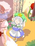  ann606 borrowed_garments hat headwear_switch hong_meiling izayoi_sakuya knife maid multiple_girls remilia_scarlet sleeping tegaki touhou umbrella younger 