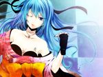  aqua_eyes aqua_hair bare_shoulders bell black_nails breasts cleavage fingerless_gloves gloves hatsune_miku highres japanese_clothes jewelry jingle_bell jyuru kimono long_hair medium_breasts nail_polish necklace one_eye_closed smile solo tattoo vocaloid 