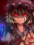  bad_id bad_pixiv_id blonde_hair blood blood_on_face close-up closed_mouth face fingernails flandre_scarlet glowing glowing_eyes haihai hat long_fingernails nail_polish red_eyes red_nails short_hair smile solo touhou wings you_gonna_get_raped 
