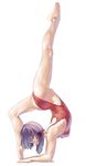  ass barefoot feet flat_chest flexible full_body geister gymnast_leotard gymnastics hair_bobbles hair_ornament handstand highleg highleg_leotard highres leg_up legs leotard original plantar_flexion purple_hair red_leotard short_hair solo stretch thong_leotard toe-point upside-down 