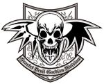  emblem engrish greyscale hetza_(hellshock) inverted_cross monochrome no_humans ranguage skull touhou wings 