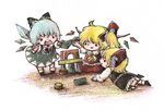  blonde_hair blue_hair chibi cirno flandre_scarlet ice multiple_girls playing rumia tamasaburou touhou 