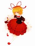  bad_id bad_pixiv_id blonde_hair bow bubble_skirt doll dress hair_ribbon highres medicine_melancholy nomu red_dress ribbon short_hair skirt smile solo su-san touhou white_background 