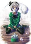  alternate_costume blue_eyes bokuden contemporary hitodama konpaku_youmu konpaku_youmu_(ghost) mask school_uniform sick silver_hair sitting solo surgical_mask tears thighhighs tissue touhou 