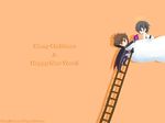  black_hair brown_hair chibi cloud code_geass gift green_eyes halo kururugi_suzaku ladder lelouch_lamperouge male_focus multiple_boys purple_eyes simple_background wallpaper 