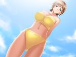  1girl aqua_eyes arm bare_shoulders bikini blush breasts brown_hair dutch_angle erect_nipples female from_below green_hair large_breasts midriff mizuno_natsumi nice_body okaasan_to_naisho outdoors short_hair shy sky solo strapless strapless_bikini strapless_swimsuit swimsuit 