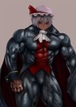  bad_id bad_pixiv_id bodysuit closed_mouth crossover demitri_maximoff fusion hair_between_eyes kirieppa looking_at_viewer manly muscle muscular_female pink_background pink_hair red_eyes remilia_scarlet short_hair solo touhou vampire_(game) veins 