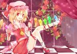  bad_id bad_pixiv_id blonde_hair crystal curtains flandre_scarlet flower frills hat hat_ribbon highres holding leaf leg_up mary_janes no_nose open_mouth red red_eyes ribbon rose shishina shoes short_hair short_sleeves side_ponytail sitting skirt socks solo touhou wings wrist_cuffs 