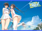  ass brown_hair cloud day fault!! long_hair multiple_girls one_eye_closed panties pantyshot racket saeki_ai skirt sky sportswear striped striped_panties sugiyama_mio tanaka_takayuki tennis_net tennis_racket tennis_uniform thighhighs twintails underwear upskirt white_legwear white_panties 