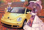  blonde_hair car fox_tail geister ground_vehicle hair_ribbon hat highres huge_filesize leaf motor_vehicle multiple_girls parasol realistic ribbon short_hair stairs stone_lantern tail touhou umbrella volkswagen volkswagen_beetle yakumo_ran yakumo_yukari yellow_eyes yin_yang 