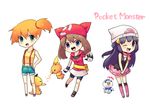  3girls absurdres aqua_eyes bandana beanie blue_eyes boots brown_hair chibi copyright_name crop_top denim denim_shorts gen_1_pokemon gen_3_pokemon gen_4_pokemon gloves haruka_(pokemon) hat highres hikari_(pokemon) kasumi_(pokemon) long_hair midriff milliebell multiple_girls navel one_eye_closed open_mouth orange_hair pink_footwear piplup pokemon pokemon_(anime) pokemon_(classic_anime) pokemon_(creature) pokemon_ag pokemon_dp_(anime) psyduck purple_eyes purple_hair shorts side_ponytail skirt suspenders torchic 