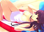  bare_legs breasts cleavage large_breasts long_hair looking_at_viewer lying on_back one-piece_swimsuit original smile solo suke_akurou swimsuit 