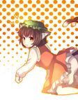  animal_ears bad_id bad_pixiv_id bloomers brown_hair cat_ears cat_tail chen earrings haihai halftone halftone_background hat jewelry kneeling light_smile multiple_tails orange_eyes paw_pose solo tail touhou underwear 