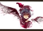  bangs bat_wings blue_hair cravat frills hat letterboxed looking_at_viewer mob_cap pink_hat red_eyes remilia_scarlet shaded_face short_hair sigeyama simple_background solo touhou upper_body white_background wings 
