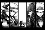  bandana beanie blue_(pokemon) breasts cabbie_hat cleavage greyscale haruka_(pokemon) hat hikari_(pokemon) kotone_(pokemon) medium_breasts monochrome multiple_girls poke_ball pokemon pokemon_(game) pokemon_dppt pokemon_frlg pokemon_hgss pokemon_rse porkpie_hat shadow_cat 