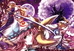  animal_ears blonde_hair gap hat japanese_clothes katana long_hair miyamoto_ryuuichi multiple_girls petals pink_hair purple_eyes red_eyes saigyouji_yuyuko short_hair sword touhou tree weapon yakumo_ran yakumo_yukari yellow_eyes 