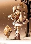  brown_eyes brown_hair chinese_clothes dog geister hat original outstretched_arm outstretched_hand reaching short_hair snow solo 