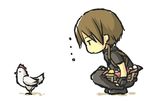  1boy basket bird brown_hair chibi chicken egg gameplay_mechanics golden_egg hizaki-re leon_s_kennedy male_focus resident_evil resident_evil_4 solo squatting 