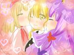  alice_margatroid bad_id bad_pixiv_id blonde_hair capelet cheek_kiss closed_eyes hairband hat heart kirisame_marisa kiss multiple_girls one_eye_closed patchouli_knowledge profile purple_hair short_hair touhou yellow_eyes yuki_toxun yuri 