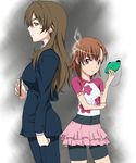  back-to-back bag biribiri breasts brown_eyes brown_hair business_suit casual formal frog hair_ornament hairclip handbag kiyama_harumi large_breasts long_hair mask misaka_mikoto multiple_girls pant_suit pencil_skirt profile raglan_sleeves ribonzu short_hair skirt suit to_aru_kagaku_no_railgun to_aru_majutsu_no_index 