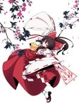  blurry bow brown_hair dancing depth_of_field detached_sleeves flower foreshortening hair_bow hakurei_reimu japanese_clothes long_hair nikka_(cryptomeria) ofuda outstretched_arms red_eyes smile solo spread_arms touhou tsurime 
