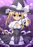  blonde_hair blush braid broom brown_eyes curiosities_of_lotus_asia dress embarrassed hair_ribbon hand_on_headwear hat hat_ribbon kirisame_marisa kurogarasu purple ribbon solo star touhou witch_hat wrist_cuffs 