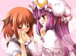  bangs blush bun_cover capelet chin_grab chin_rest crescent frilled_capelet frilled_sleeves frills hat head_wings koakuma long_hair looking_away mob_cap multiple_girls nail_polish patchouli_knowledge pink_background pink_nails purple_eyes purple_hair red_eyes red_hair short_hair tilm touhou upper_body yuri 