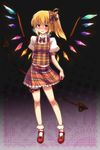  ahoge alternate_costume bad_id bad_pixiv_id blonde_hair blush bobby_socks bow bowtie breath eho_(icbm) flandre_scarlet hair_bow heart laevatein leg_garter mary_janes open_mouth plaid plaid_skirt shoes side_ponytail skirt smile socks solo standing thigh_strap touhou wings yellow_eyes 