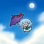  blue_hair chibi karakasa_obake purple_umbrella short_hair sky solo tatara_kogasa tongue touhou umbrella umbrella_riding yanagi_(nurikoboshi) 