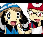  1boy 1girl bandana blue_eyes brown_hair fangs fingerless_gloves glasses gloves hat odamaki_sapphire open_mouth pen pokemon pokemon_special red_eyes ruby_(pokemon) 