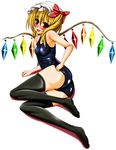  adjusting_clothes adjusting_swimsuit bad_id bad_pixiv_id black_legwear blush flandre_scarlet highres one-piece_swimsuit school_swimsuit shiny shiny_clothes skindentation smile solo swimsuit tera_hiroshi thighhighs touhou 