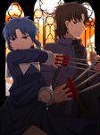  1girl black_keys blue_eyes blue_hair brown_eyes brown_hair ciel coat cross cross_necklace fate/stay_night fate_(series) habit itou_(mogura) jewelry kotomine_kirei necklace stained_glass tsukihime type-moon 