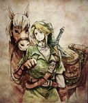  bad_id bad_pixiv_id blonde_hair blue_eyes earrings epona gloves hat horse jewelry link male_focus niwa_toriko pointy_ears smile solo sword the_legend_of_zelda the_legend_of_zelda:_ocarina_of_time weapon 