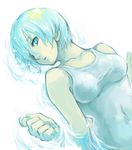  afloat blue_eyes blue_hair breasts coin collarbone copyright_request hair_over_one_eye hands medium_breasts short_hair shu-mai solo tank_top water 